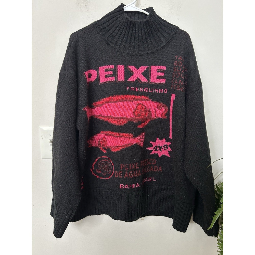 FARM Rio Black Peixe Fish Knit Sweater L Pink Graphic Brazilian Market Chunky - Picture 2 of 5